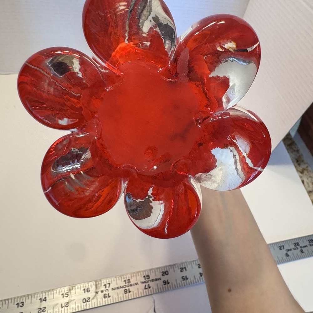 Vintage 15" Red Clear Swirl Daisy Petal Top Long Stem Art Glass Vase Hand blown - Picture 6 of 6